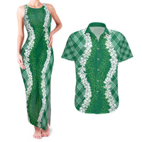 Hawaii Aloha Plumeria Lei Green Palaka Couples Matching Tank Maxi Dress and Hawaiian Shirt LT7 Green - Polynesian Pride