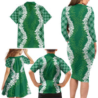 Hawaii Aloha Plumeria Lei Green Palaka Family Matching Long Sleeve Bodycon Dress and Hawaiian Shirt LT7 - Polynesian Pride