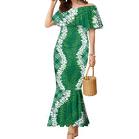 Hawaii Aloha Plumeria Lei Green Palaka Mermaid Dress - Polynesian Pride