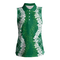 Hawaii Aloha Plumeria Lei Green Palaka Women Sleeveless Polo Shirt LT7 Female Green - Polynesian Pride