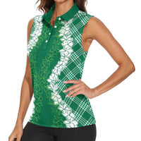 Hawaii Aloha Plumeria Lei Green Palaka Women Sleeveless Polo Shirt LT7 - Polynesian Pride