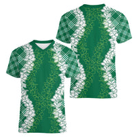 Hawaii Aloha Plumeria Lei Green Palaka Women V-Neck T-Shirt LT7 - Polynesian Pride