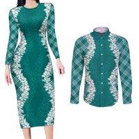 Hawaii Aloha Plumeria Lei Teal Palaka Couples Matching Long Sleeve Bodycon Dress and Long Sleeve Button Shirt LT7 Teal - Polynesian Pride