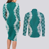 Hawaii Aloha Plumeria Lei Teal Palaka Couples Matching Long Sleeve Bodycon Dress and Long Sleeve Button Shirt LT7 - Polynesian Pride
