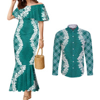 Hawaii Aloha Plumeria Lei Teal Palaka Couples Matching Mermaid Dress and Long Sleeve Button Shirt LT7 Teal - Polynesian Pride
