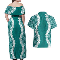 Hawaii Aloha Plumeria Lei Teal Palaka Couples Matching Off Shoulder Maxi Dress and Hawaiian Shirt LT7 - Polynesian Pride