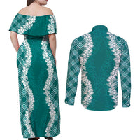 Hawaii Aloha Plumeria Lei Teal Palaka Couples Matching Off Shoulder Maxi Dress and Long Sleeve Button Shirt LT7 - Polynesian Pride