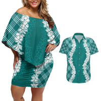 Hawaii Aloha Plumeria Lei Teal Palaka Couples Matching Off Shoulder Short Dress and Hawaiian Shirt LT7 Teal - Polynesian Pride