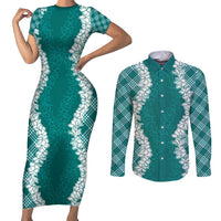 Hawaii Aloha Plumeria Lei Teal Palaka Couples Matching Short Sleeve Bodycon Dress and Long Sleeve Button Shirt LT7 Teal - Polynesian Pride