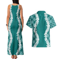 Hawaii Aloha Plumeria Lei Teal Palaka Couples Matching Tank Maxi Dress and Hawaiian Shirt LT7 - Polynesian Pride