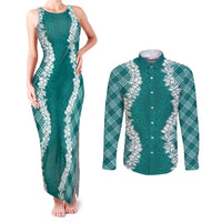 Hawaii Aloha Plumeria Lei Teal Palaka Couples Matching Tank Maxi Dress and Long Sleeve Button Shirt LT7 Teal - Polynesian Pride