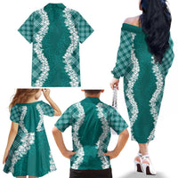 Hawaii Aloha Plumeria Lei Teal Palaka Family Matching Off The Shoulder Long Sleeve Dress and Hawaiian Shirt LT7 - Polynesian Pride
