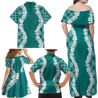 Hawaii Aloha Plumeria Lei Teal Palaka Family Matching Off Shoulder Maxi Dress and Hawaiian Shirt LT7 - Polynesian Pride