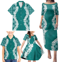 Hawaii Aloha Plumeria Lei Teal Palaka Family Matching Puletasi and Hawaiian Shirt LT7 - Polynesian Pride