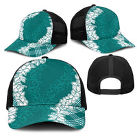 Hawaii Aloha Plumeria Lei Teal Palaka Mesh Trucker Cap - Polynesian Pride
