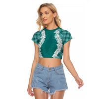Hawaii Aloha Plumeria Lei Teal Palaka Raglan Cropped T Shirt - Polynesian Pride