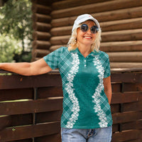 Hawaii Aloha Plumeria Lei Teal Palaka Women Polo Shirt - Polynesian Pride