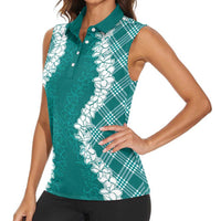 Hawaii Aloha Plumeria Lei Teal Palaka Women Sleeveless Polo Shirt LT7 - Polynesian Pride