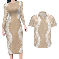 Hawaii Aloha Plumeria Lei Beige Palaka Couples Matching Long Sleeve Bodycon Dress and Hawaiian Shirt LT7 Beige - Polynesian Pride