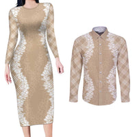 Hawaii Aloha Plumeria Lei Beige Palaka Couples Matching Long Sleeve Bodycon Dress and Long Sleeve Button Shirt LT7 Beige - Polynesian Pride