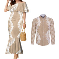 Hawaii Aloha Plumeria Lei Beige Palaka Couples Matching Mermaid Dress and Long Sleeve Button Shirt LT7 Beige - Polynesian Pride