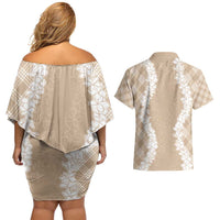 Hawaii Aloha Plumeria Lei Beige Palaka Couples Matching Off Shoulder Short Dress and Hawaiian Shirt LT7 - Polynesian Pride