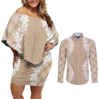 Hawaii Aloha Plumeria Lei Beige Palaka Couples Matching Off Shoulder Short Dress and Long Sleeve Button Shirt LT7 Beige - Polynesian Pride
