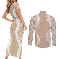 Hawaii Aloha Plumeria Lei Beige Palaka Couples Matching Short Sleeve Bodycon Dress and Long Sleeve Button Shirt LT7 - Polynesian Pride