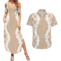 Hawaii Aloha Plumeria Lei Beige Palaka Couples Matching Summer Maxi Dress and Hawaiian Shirt LT7 Beige - Polynesian Pride