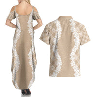 Hawaii Aloha Plumeria Lei Beige Palaka Couples Matching Summer Maxi Dress and Hawaiian Shirt LT7 - Polynesian Pride