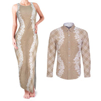 Hawaii Aloha Plumeria Lei Beige Palaka Couples Matching Tank Maxi Dress and Long Sleeve Button Shirt LT7 Beige - Polynesian Pride