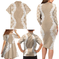 Hawaii Aloha Plumeria Lei Beige Palaka Family Matching Long Sleeve Bodycon Dress and Hawaiian Shirt LT7 - Polynesian Pride