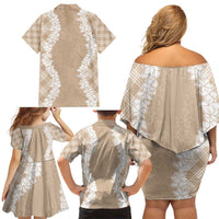 Hawaii Aloha Plumeria Lei Beige Palaka Family Matching Off Shoulder Short Dress and Hawaiian Shirt LT7 - Polynesian Pride
