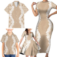 Hawaii Aloha Plumeria Lei Beige Palaka Family Matching Short Sleeve Bodycon Dress and Hawaiian Shirt LT7 - Polynesian Pride