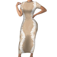Hawaii Aloha Plumeria Lei Beige Palaka Family Matching Short Sleeve Bodycon Dress and Hawaiian Shirt LT7 Mom's Dress Beige - Polynesian Pride