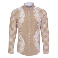 Hawaii Aloha Plumeria Lei Beige Palaka Family Matching Summer Maxi Dress and Hawaiian Shirt LT7 Dad's Shirt - Long Sleeve Beige - Polynesian Pride