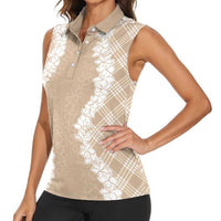Hawaii Aloha Plumeria Lei Beige Palaka Women Sleeveless Polo Shirt LT7 - Polynesian Pride