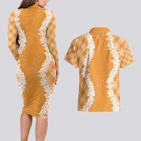 Hawaii Aloha Plumeria Lei Orange Palaka Couples Matching Long Sleeve Bodycon Dress and Hawaiian Shirt LT7 - Polynesian Pride