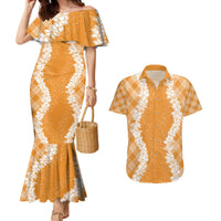 Hawaii Aloha Plumeria Lei Orange Palaka Couples Matching Mermaid Dress and Hawaiian Shirt LT7 Orange - Polynesian Pride