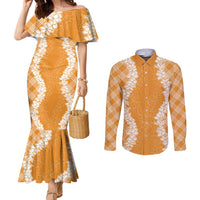 Hawaii Aloha Plumeria Lei Orange Palaka Couples Matching Mermaid Dress and Long Sleeve Button Shirt LT7 Orange - Polynesian Pride