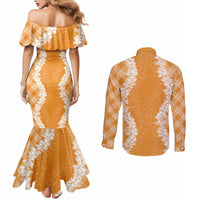 Hawaii Aloha Plumeria Lei Orange Palaka Couples Matching Mermaid Dress and Long Sleeve Button Shirt LT7 - Polynesian Pride