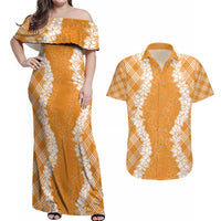 Hawaii Aloha Plumeria Lei Orange Palaka Couples Matching Off Shoulder Maxi Dress and Hawaiian Shirt LT7 Orange - Polynesian Pride