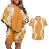Hawaii Aloha Plumeria Lei Orange Palaka Couples Matching Off Shoulder Short Dress and Hawaiian Shirt LT7 Orange - Polynesian Pride