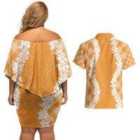 Hawaii Aloha Plumeria Lei Orange Palaka Couples Matching Off Shoulder Short Dress and Hawaiian Shirt LT7 - Polynesian Pride