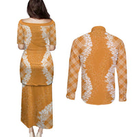 Hawaii Aloha Plumeria Lei Orange Palaka Couples Matching Puletasi and Long Sleeve Button Shirt - Polynesian Pride