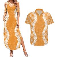 Hawaii Aloha Plumeria Lei Orange Palaka Couples Matching Summer Maxi Dress and Hawaiian Shirt LT7 Orange - Polynesian Pride