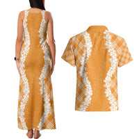 Hawaii Aloha Plumeria Lei Orange Palaka Couples Matching Tank Maxi Dress and Hawaiian Shirt LT7 - Polynesian Pride