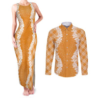 Hawaii Aloha Plumeria Lei Orange Palaka Couples Matching Tank Maxi Dress and Long Sleeve Button Shirt LT7 Orange - Polynesian Pride