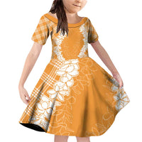 Hawaii Aloha Plumeria Lei Orange Palaka Family Matching Off Shoulder Short Dress and Hawaiian Shirt LT7 Daughter's Dress Orange - Polynesian Pride