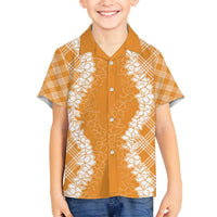 Hawaii Aloha Plumeria Lei Orange Palaka Family Matching Off Shoulder Short Dress and Hawaiian Shirt LT7 Son's Shirt Orange - Polynesian Pride